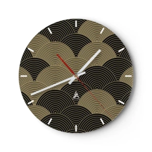 Reloj de pared - Reloj de vidrio - Patrón abstracto de semicírculos dorados sobre un fondo negro - 30x30cm - Multiplicación de la unidad - Decoración de pared moderna para salón, cocina y dormitorio ARTTOR