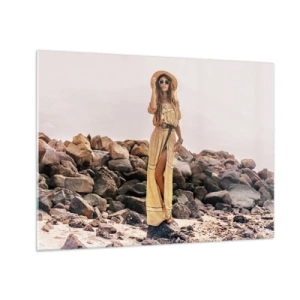 Cuadro sobre vidrio - Impresiones sobre Vidrio - Una mujer con un vestido estilo boho frente a una orilla rocosa. - 70x50cm - La magia de las piedras - Decoración de pared moderna para salón y dormitorio ARTTOR