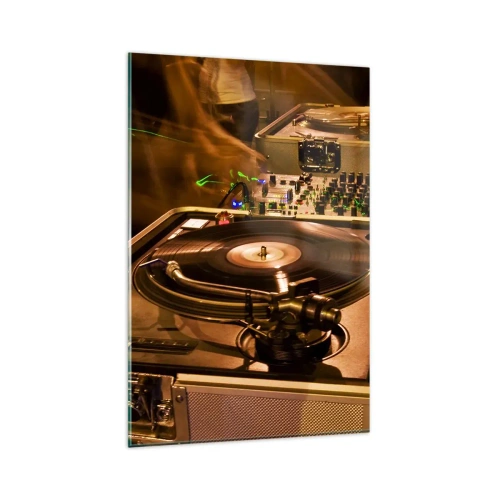 Cuadro sobre vidrio - Impresiones sobre Vidrio - Equipo de DJ con plato giratorio y mezclador durante una fiesta - 80x120cm - ¿Puedes sentir el poder? - Decoración de pared moderna para salón y dormitorio ARTTOR