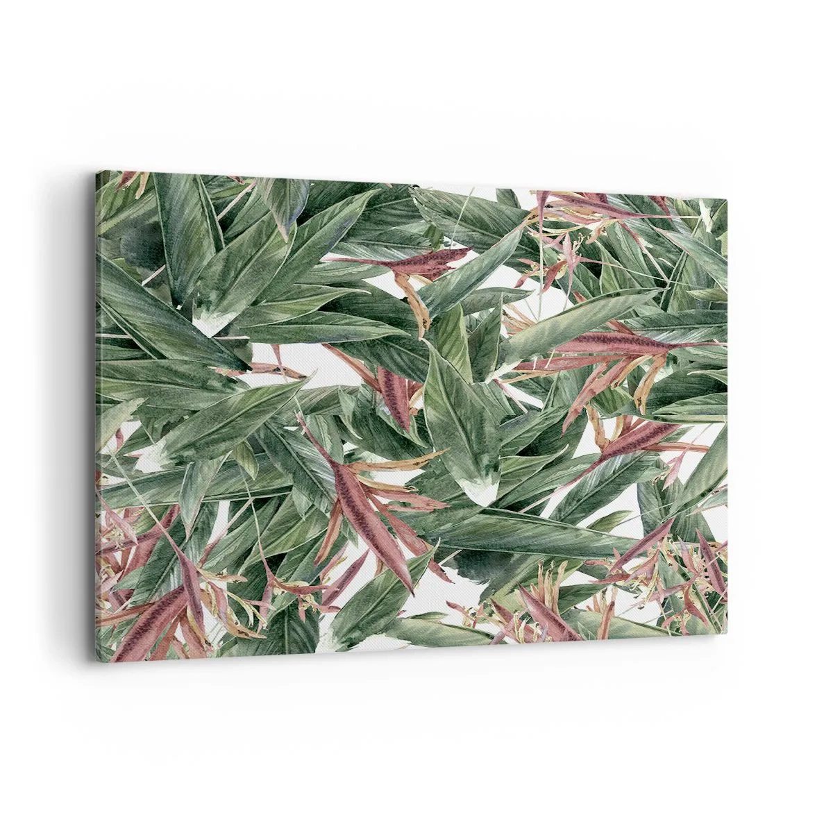 Cuadro sobre lienzo - Impresión de Imagen - Un motivo decorativo de hojas en tonos verdes y burdeos sobre un fondo claro. - 120x80cm - Naturaleza esmeralda y lila - Decoración de pared moderna para salón y dormitorio ARTTOR