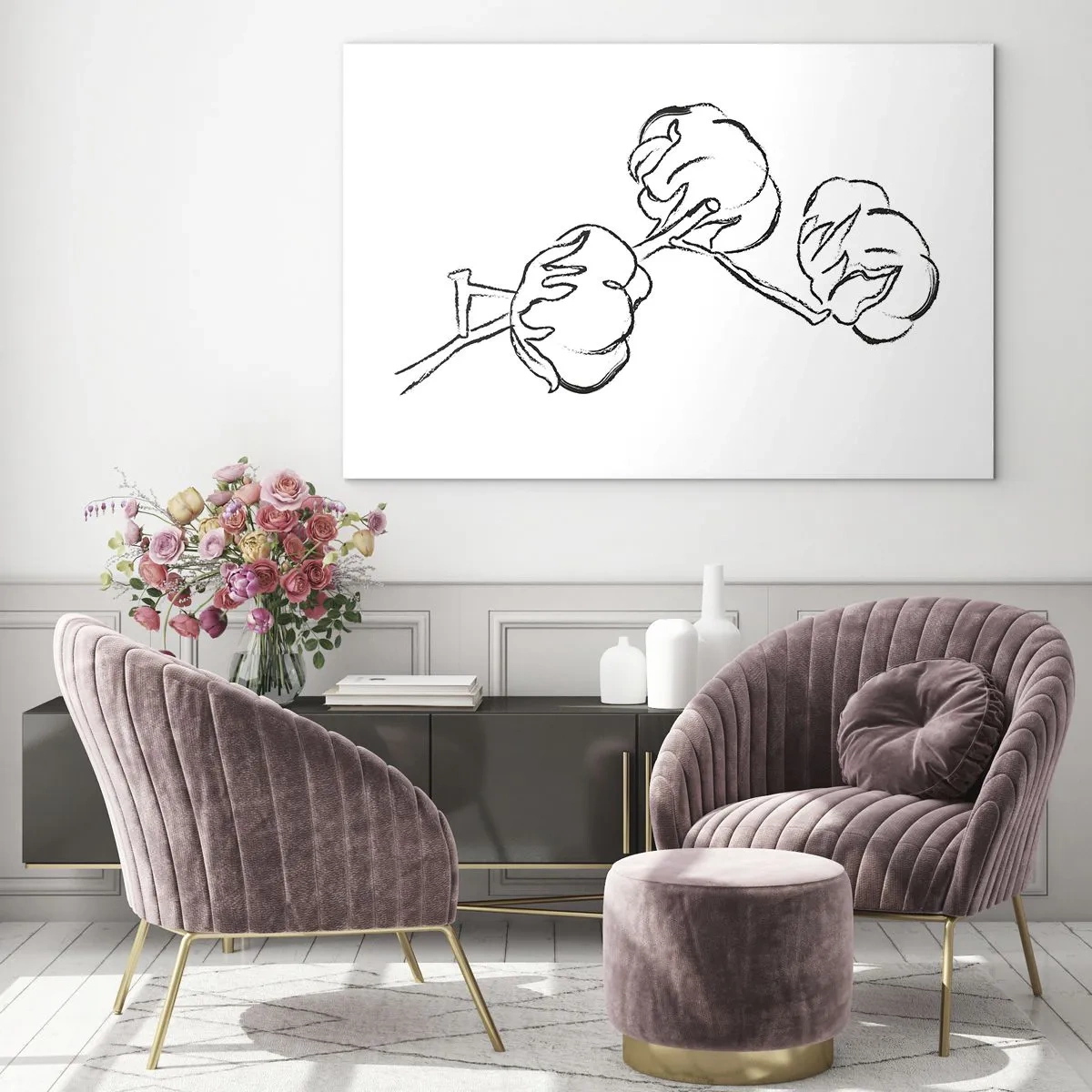 Cuadro sobre vidrio - Impresiones sobre Vidrio - Un boceto minimalista de una rama de algodón en líneas negras. - 120x80cm - Plumón de algodón - Decoración de pared moderna para salón y dormitorio ARTTOR