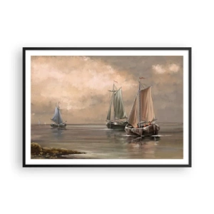 Póster en marco negro - Veleros en un mar en calma en un entorno pastel - 100x70cm - El regreso de los marineros - Decoración de pared moderna para salón y dormitorio ARTTOR