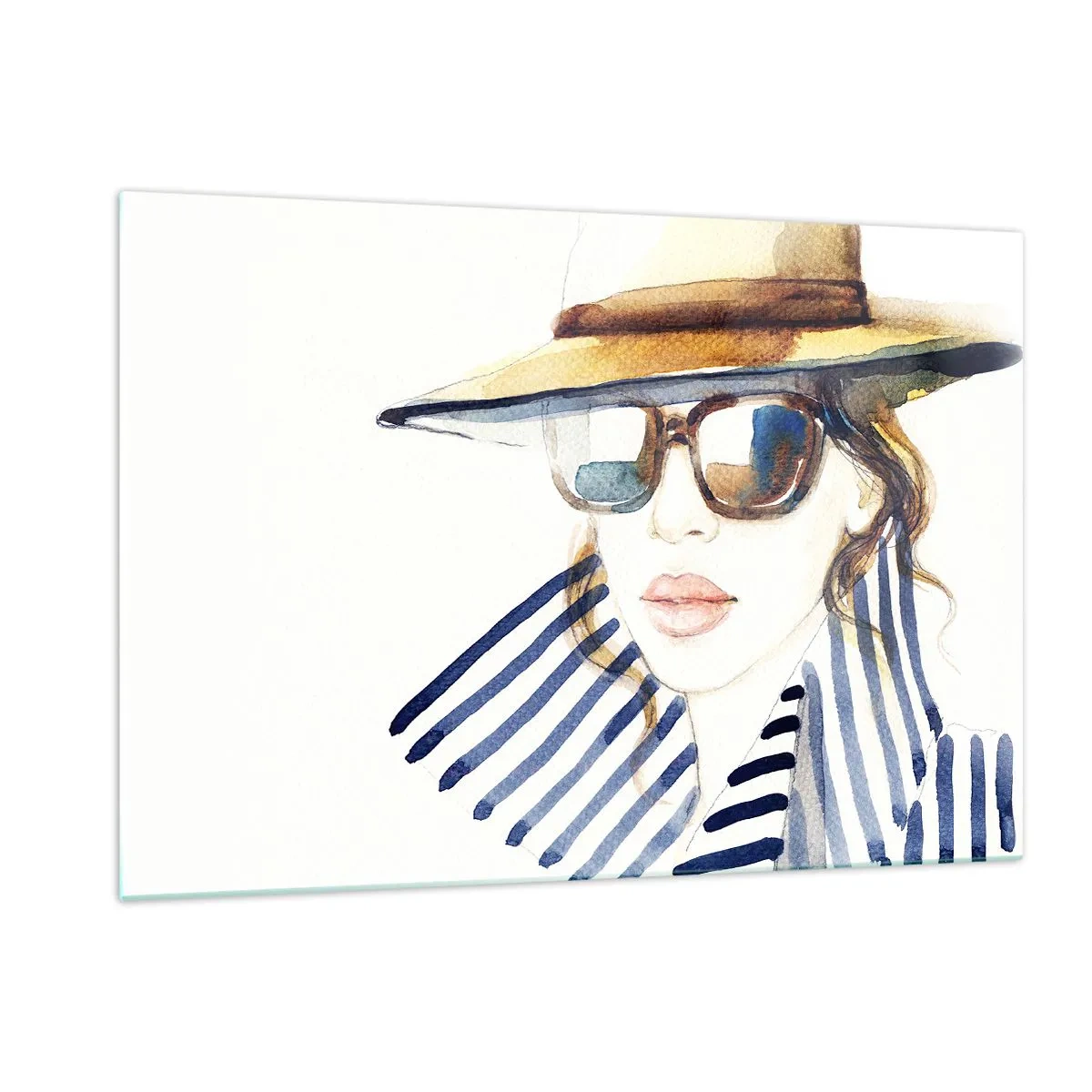 Cuadro sobre vidrio - Impresiones sobre Vidrio - Mujer elegante con sombrero y gafas en estilo acuarela. - 120x80cm - ¡Florida le da la bienvenida! - Decoración de pared moderna para salón y dormitorio ARTTOR