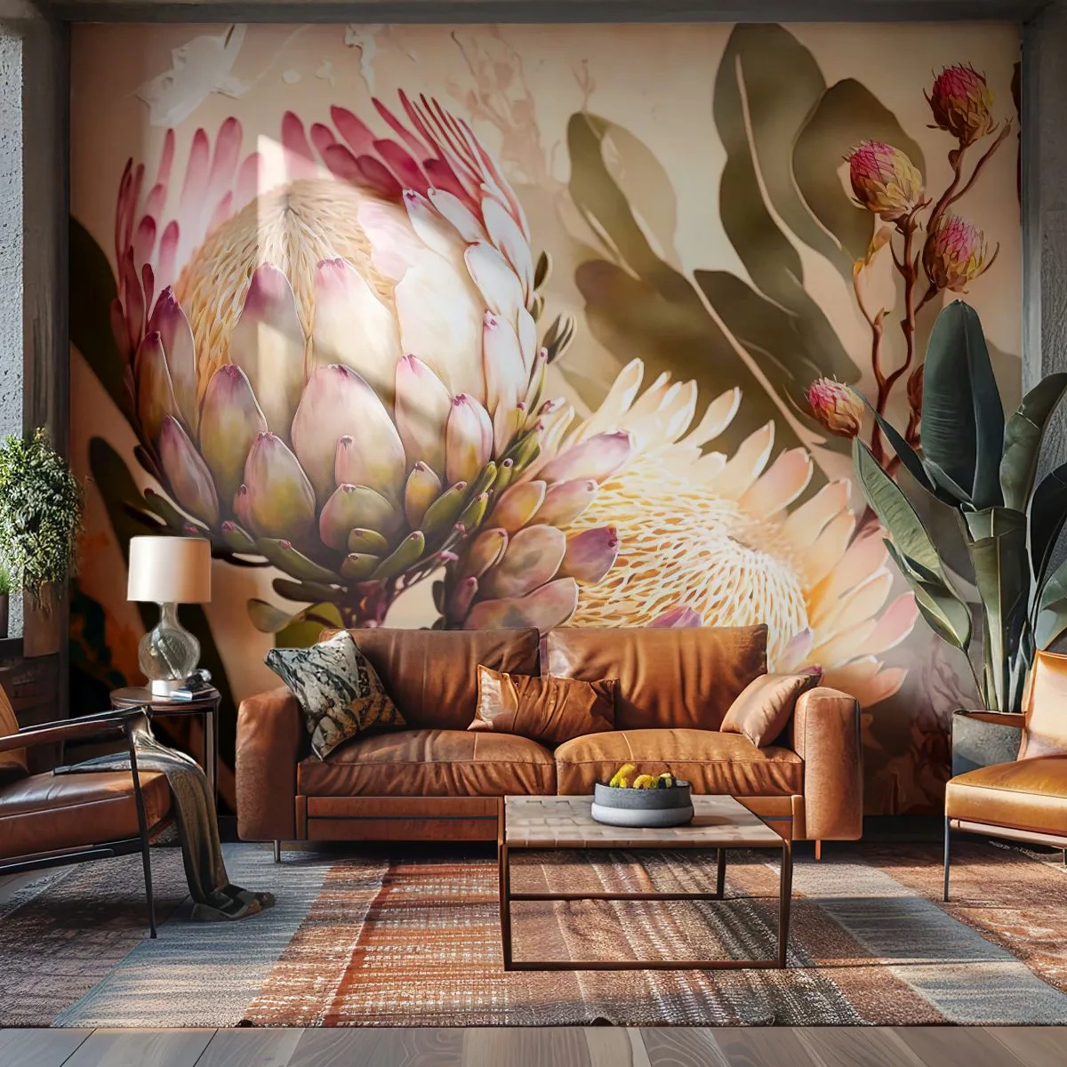 Fotomural Premium Sand - Dos flores de protea en estilo acuarela pastel. - 100x70cm - Abrazados con ternura - Decoración de pared moderna para salón y dormitorio ARTTOR
