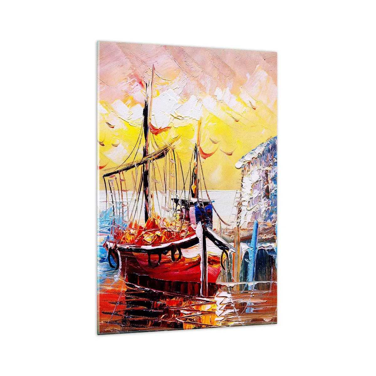 Cuadro sobre vidrio - Impresiones sobre Vidrio - Puerto pintoresco al atardecer con barcos de pesca - 70x100cm - Feliz regreso - Decoración de pared moderna para salón y dormitorio ARTTOR