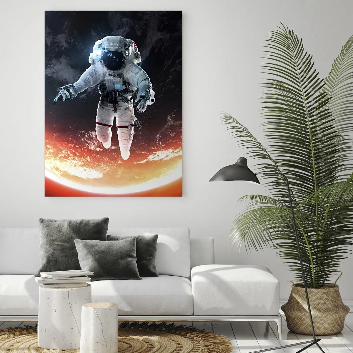 Cuadro sobre vidrio - Impresiones sobre Vidrio - Un astronauta flotando sobre una Tierra iluminada por el sol. - 70x100cm - ¿Puedo quedarme un rato más? - Decoración de pared moderna para salón y dormitorio ARTTOR