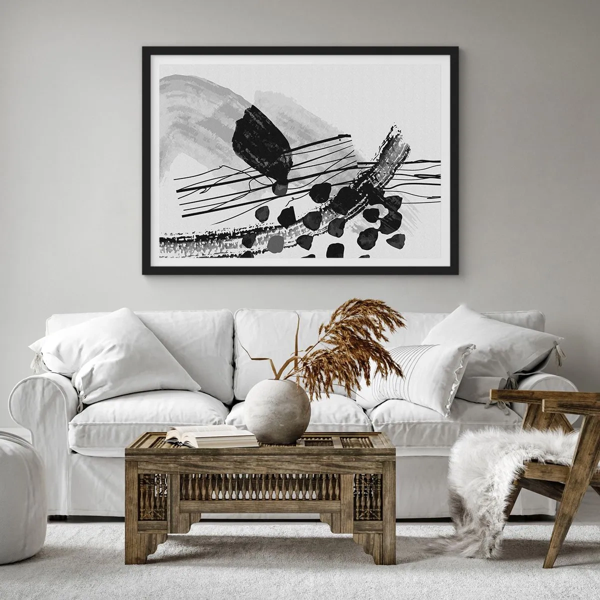 Póster en marco negro - Composición abstracta en blanco y negro con formas orgánicas. - 70x50cm - Abstracción orgánica en blanco y negro - Decoración de pared moderna para salón y dormitorio ARTTOR