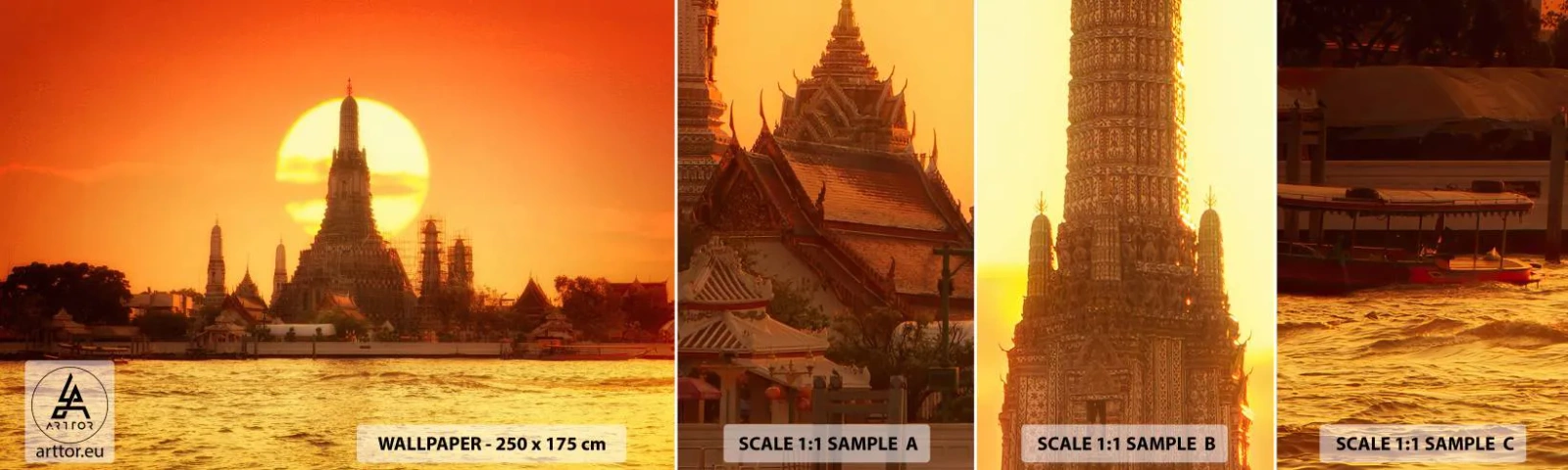 Muestra de fotomural autoadhesivo Deluxe Sticker - Hacia el sol, siempre hacia el sol - Bangkok, Templo del amanecer, Tailandia - 100x30 cm