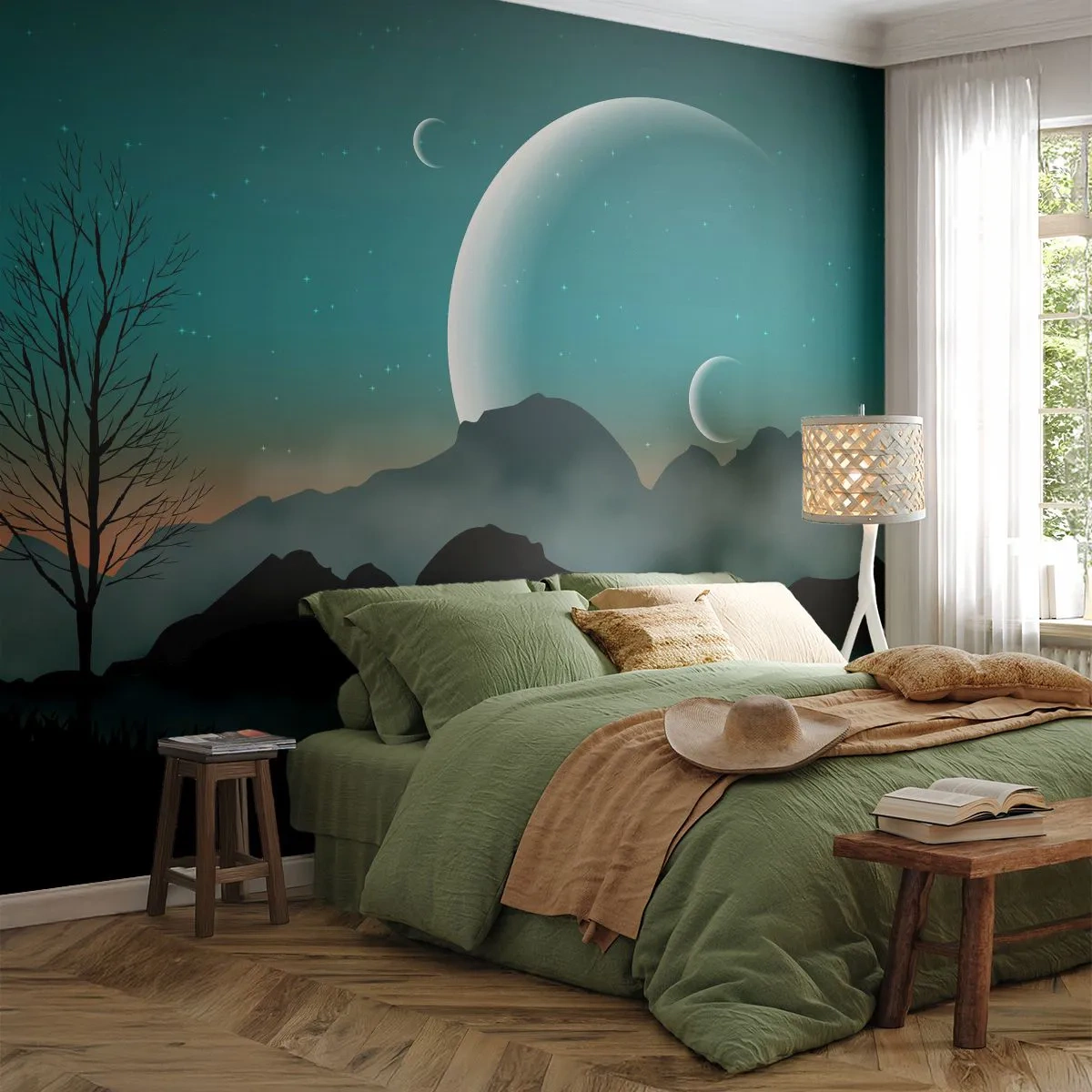 Fotomural Premium Sand - Un paisaje fantástico con lunas sobre un paisaje montañoso. - 100x70cm - Un carnaval de noche estrellada - Decoración de pared moderna para salón y dormitorio ARTTOR