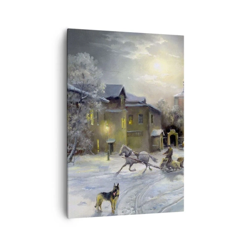 Cuadro sobre lienzo - Impresión de Imagen - Paisaje invernal en un pueblo ruso con un trineo y una iglesia. - 70x100cm - La magia de un invierno ruso - Decoración de pared moderna para salón y dormitorio ARTTOR