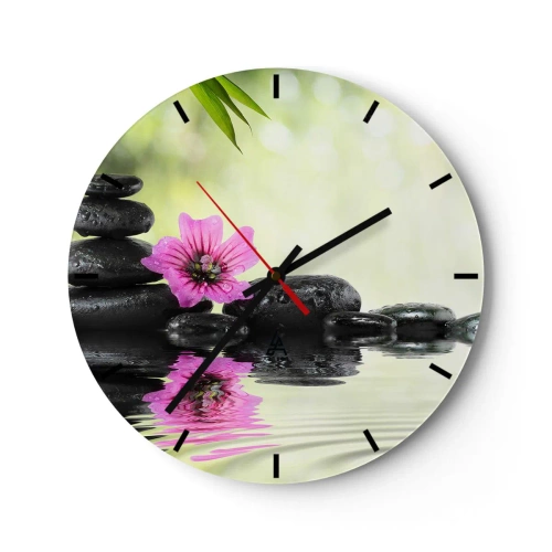 Reloj de pared - Reloj de vidrio - Piedras zen con una flor rosa sobre un fondo natural. - 30x30cm - Tiempo para el alma - Decoración de pared moderna para salón, cocina y dormitorio ARTTOR