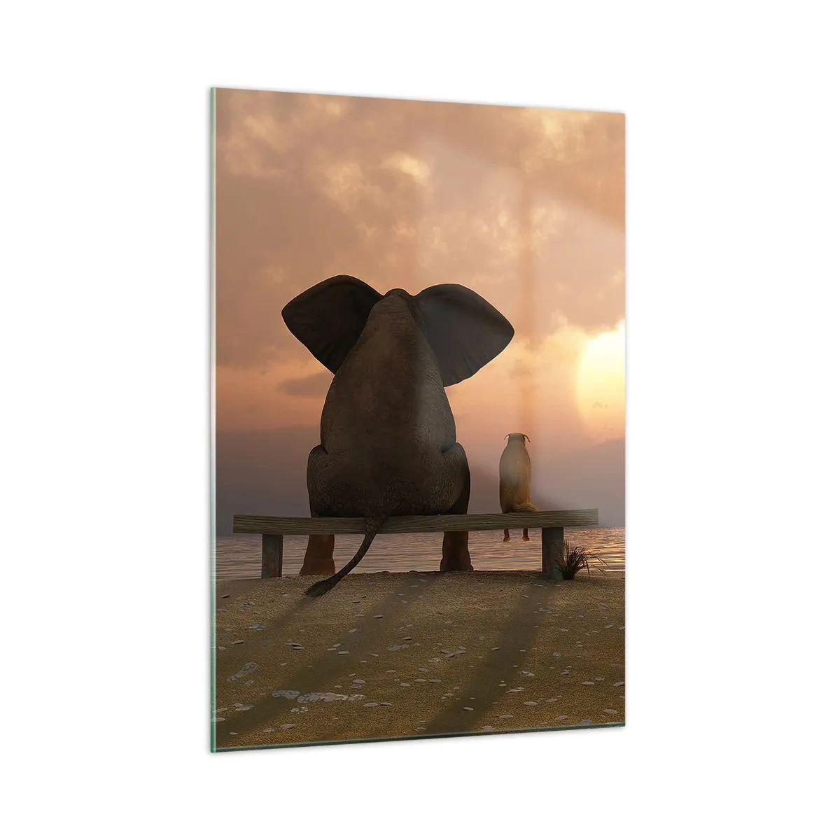 Cuadro sobre vidrio - Impresiones sobre Vidrio - Elefante y perro en un banco al atardecer - 50x70cm - Es bueno estar en silencio juntos - Decoración de pared moderna para salón y dormitorio ARTTOR