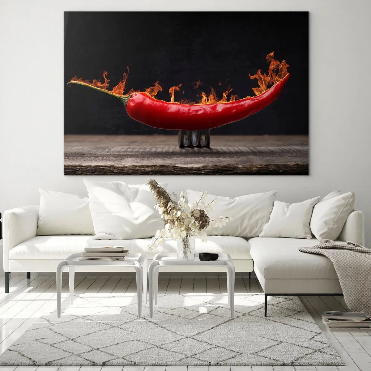 Cuadro sobre vidrio - Impresiones sobre Vidrio - Pimiento rojo ardiente sobre un fondo negro - 100x70cm - Un aperitivo ardiente - Decoración de pared moderna para salón y dormitorio ARTTOR
