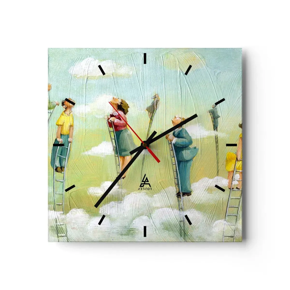 Reloj de pared - Reloj de vidrio - Figuras subiendo escaleras entre nubes sobre un fondo pastel. - 30x30cm - Sigue tu sueño - Decoración de pared moderna para salón y dormitorio ARTTOR