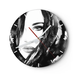 Reloj de pared - Reloj de vidrio - Retrato de una mujer en blanco y negro con estilo de acuarela. - 30x30cm - Retrato de una dama en blanco y negro - Decoración de pared moderna para salón, cocina y dormitorio ARTTOR