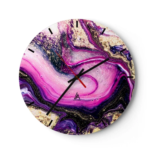 Reloj de pared - Reloj de vidrio - Un patrón abstracto en tonos morados y dorados con un motivo en espiral. - 30x30cm - Un momento abstracto - Decoración de pared moderna para salón, cocina y dormitorio ARTTOR