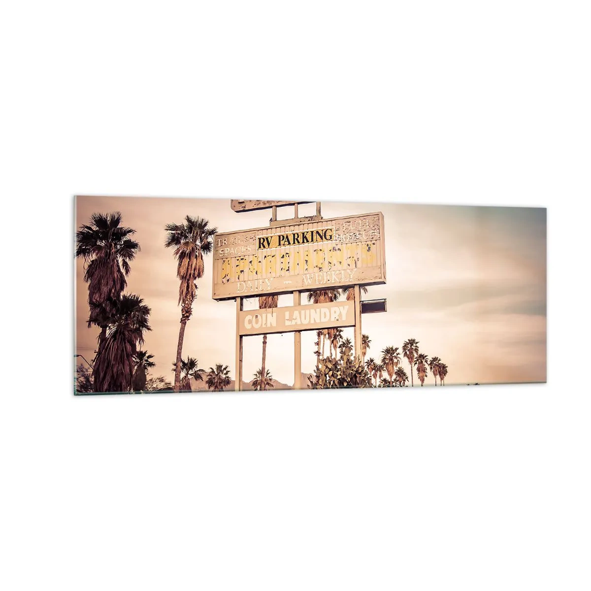 Cuadro sobre vidrio - Impresiones sobre Vidrio - Letrero de motel retro rodeado de palmeras - 140x50cm - El tiempo se detuvo - Decoración de pared moderna para salón y dormitorio ARTTOR