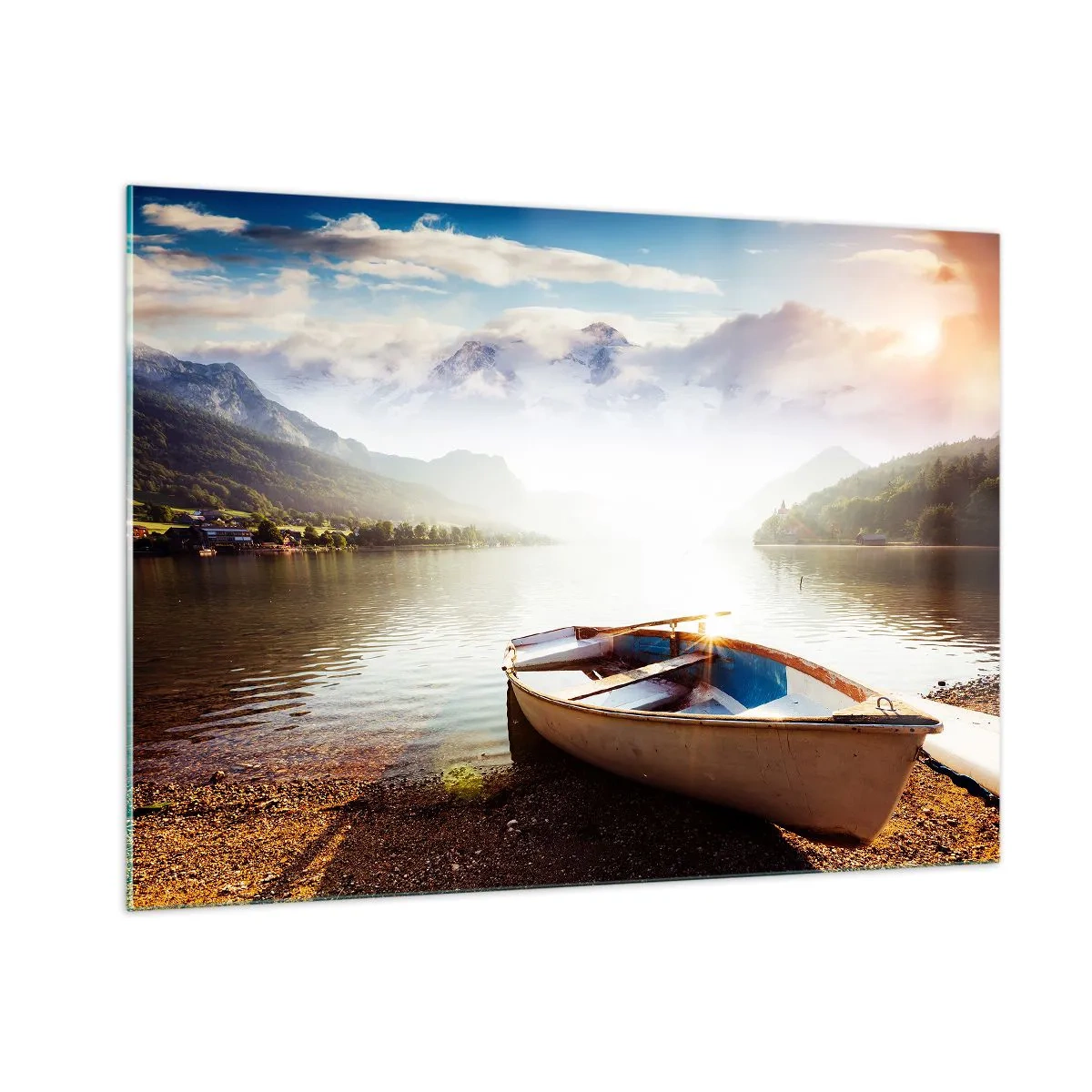 Cuadro sobre vidrio - Impresiones sobre Vidrio - Un barco en un lago rodeado de montañas al amanecer. - 100x70cm - Junto al agua clara - Decoración de pared moderna para salón y dormitorio ARTTOR
