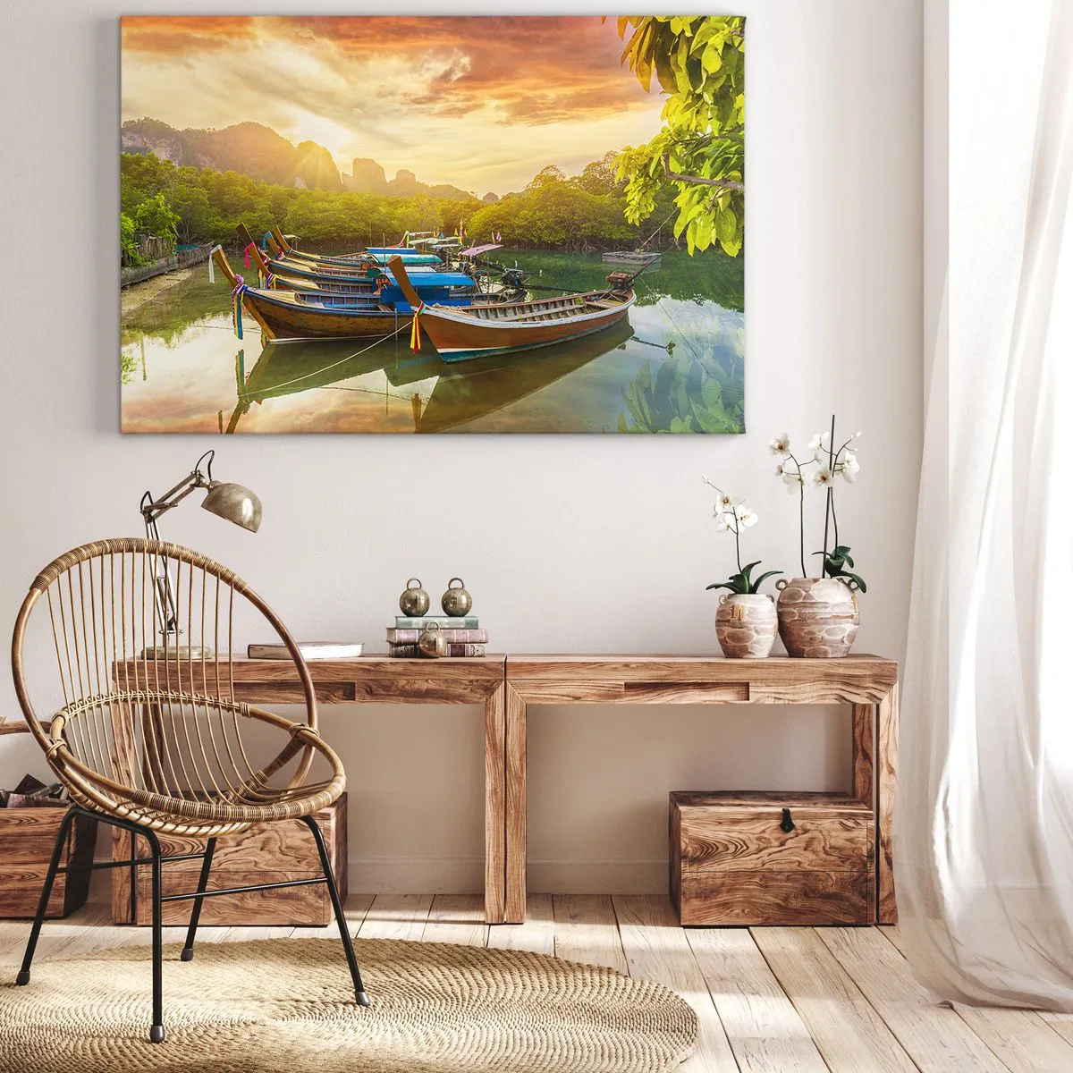 Cuadro sobre lienzo - Impresión de Imagen - Barcos tradicionales en aguas tranquilas al atardecer - 120x80cm - Antes de un día ajetreado - Decoración de pared moderna para salón y dormitorio ARTTOR