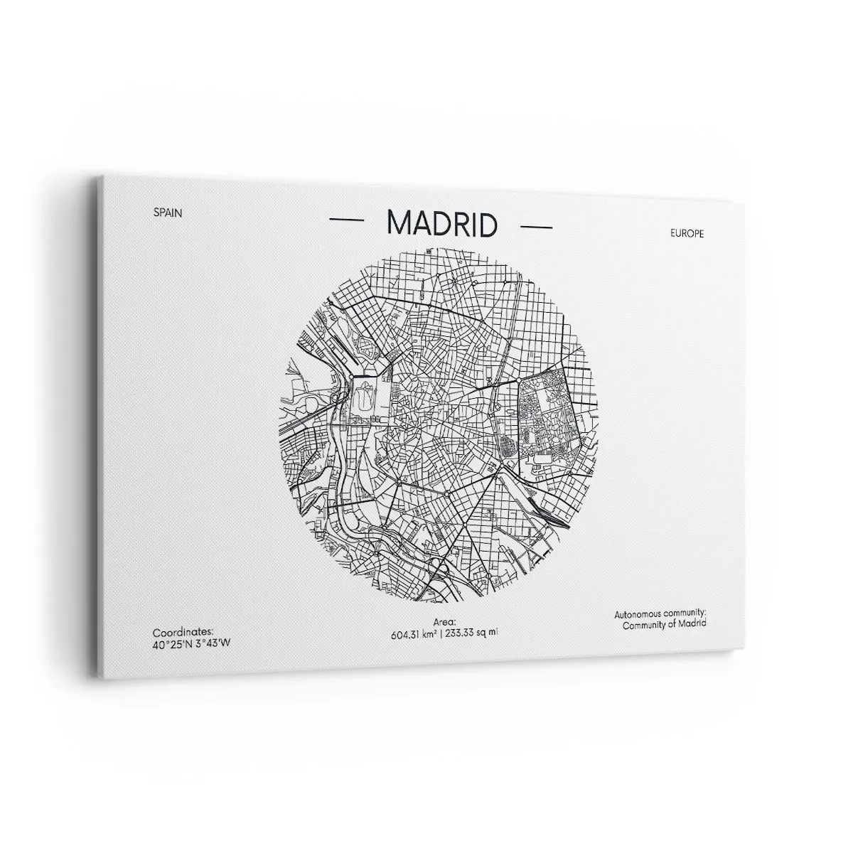 Cuadro sobre lienzo - Impresión de Imagen - Mapa de Madrid en estilo minimalista en blanco y negro - 120x80cm - Anatomía de Madrid - Decoración de pared moderna para salón y dormitorio ARTTOR