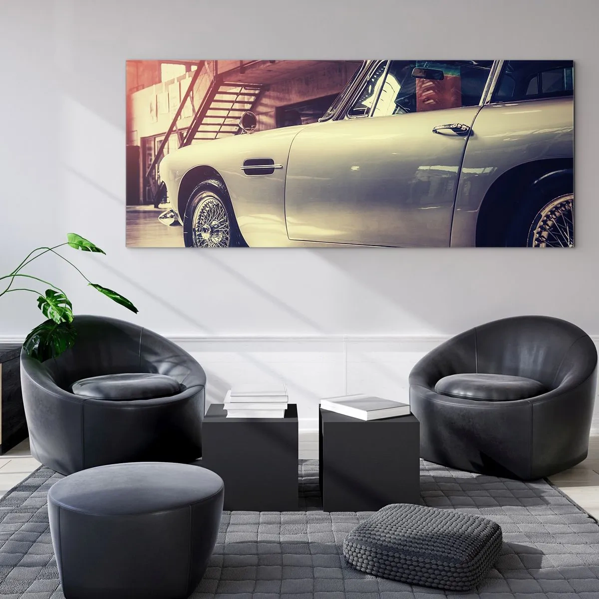 Cuadro sobre vidrio - Impresiones sobre Vidrio - Un coche clásico en un elegante garaje con un interior industrial. - 120x50cm - Los clásicos no envejecen - Decoración de pared moderna para salón y dormitorio ARTTOR