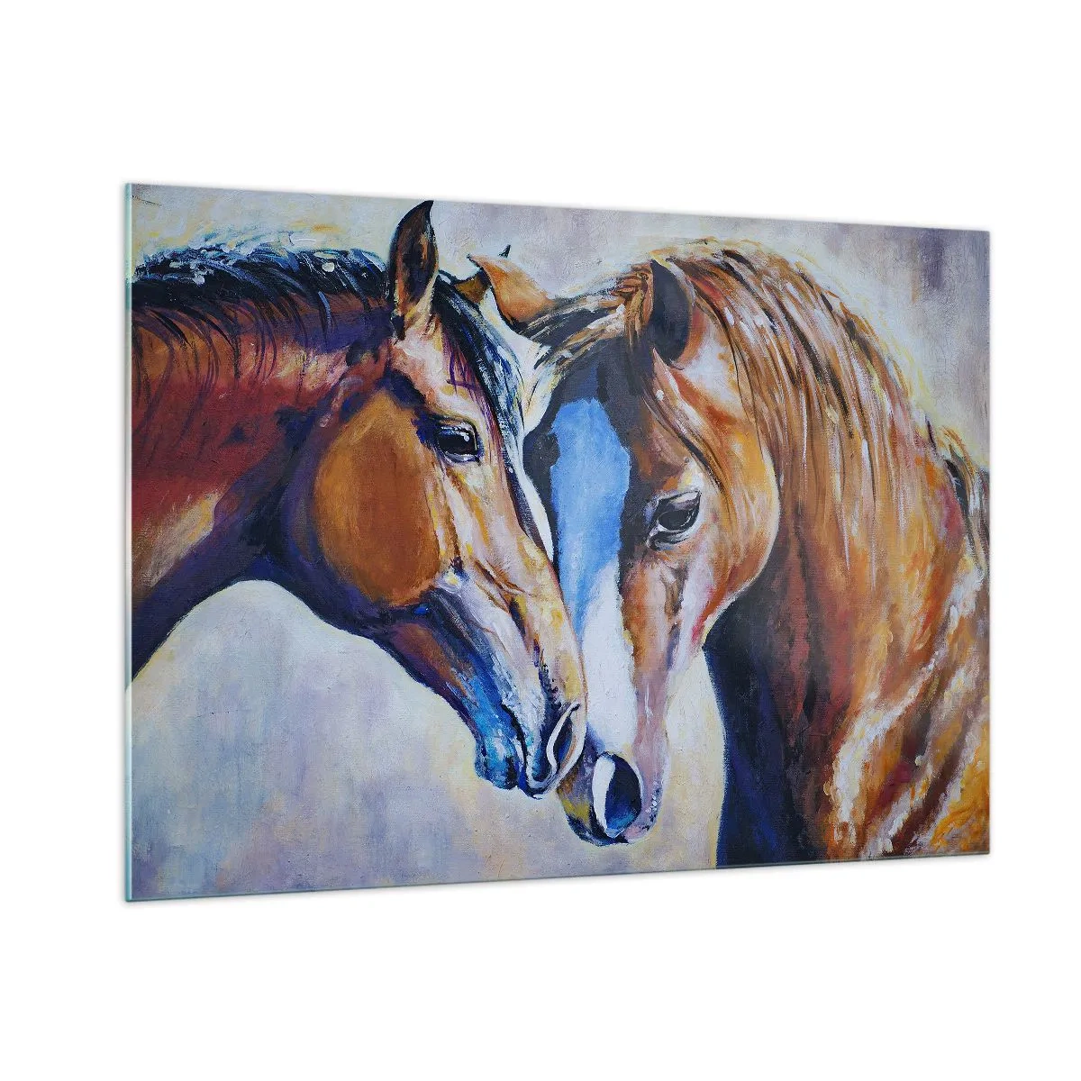 Cuadro sobre vidrio - Impresiones sobre Vidrio - Dos caballos en un tierno gesto de cercanía. - 100x70cm - ¿Esto es amistad? ¿Es amor? - Decoración de pared moderna para salón y dormitorio ARTTOR