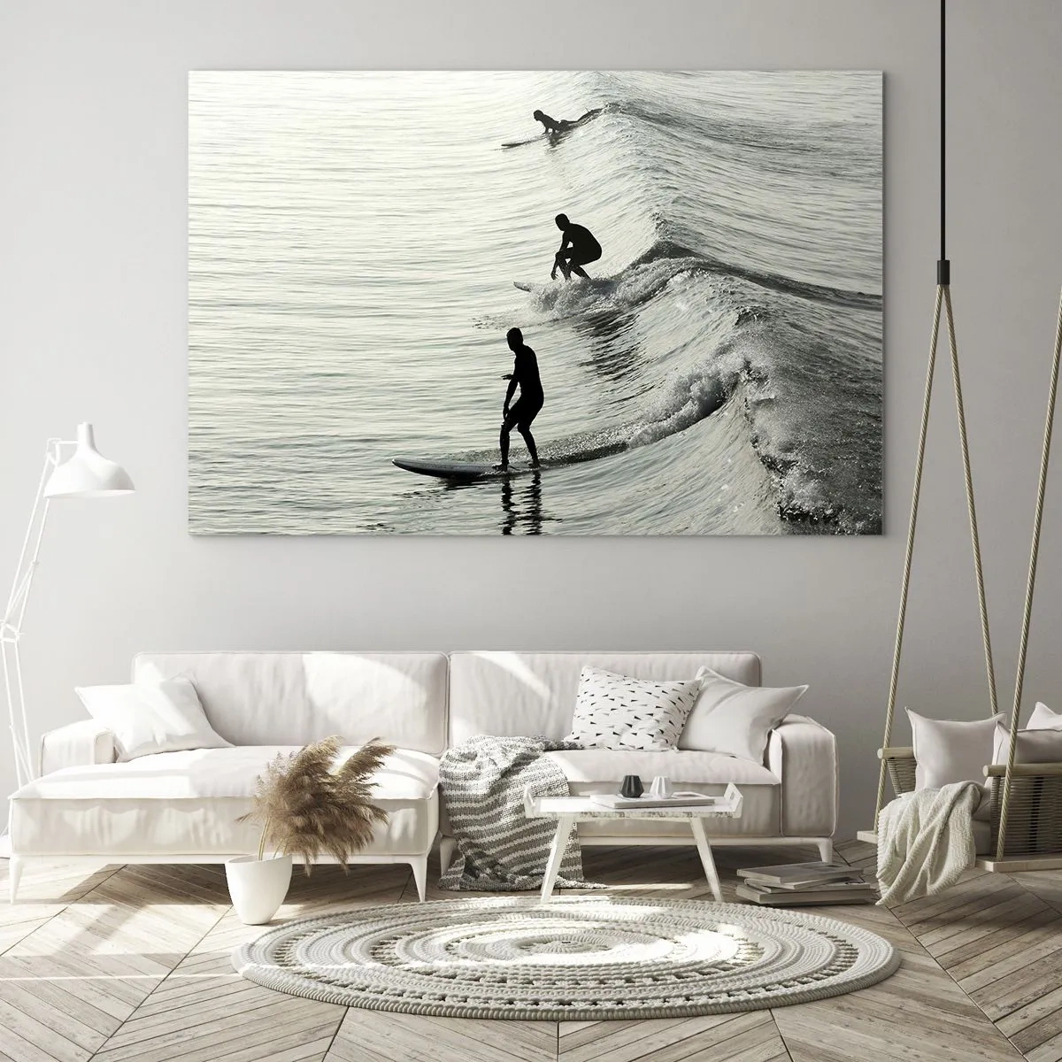 Cuadro sobre vidrio - Impresiones sobre Vidrio - Tres surfistas montando las olas por la mañana. - 120x80cm - Al encuentro de la ola - Decoración de pared moderna para salón y dormitorio ARTTOR