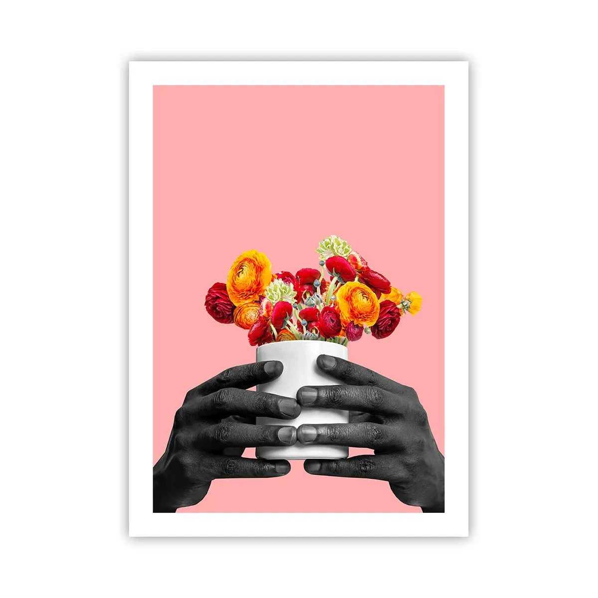 Póster - Manos negras sosteniendo un ramo de flores sobre un fondo rosa - 50x70cm - La apoteosis de la vida - Decoración de pared moderna para salón y dormitorio ARTTOR