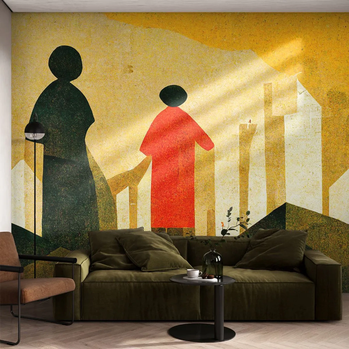 Fotomural Premium Sand - Figuras geométricas sobre un fondo de colinas y columnas amarillas. - 100x70cm - Todavía lejos del destino - Decoración de pared moderna para salón y dormitorio ARTTOR