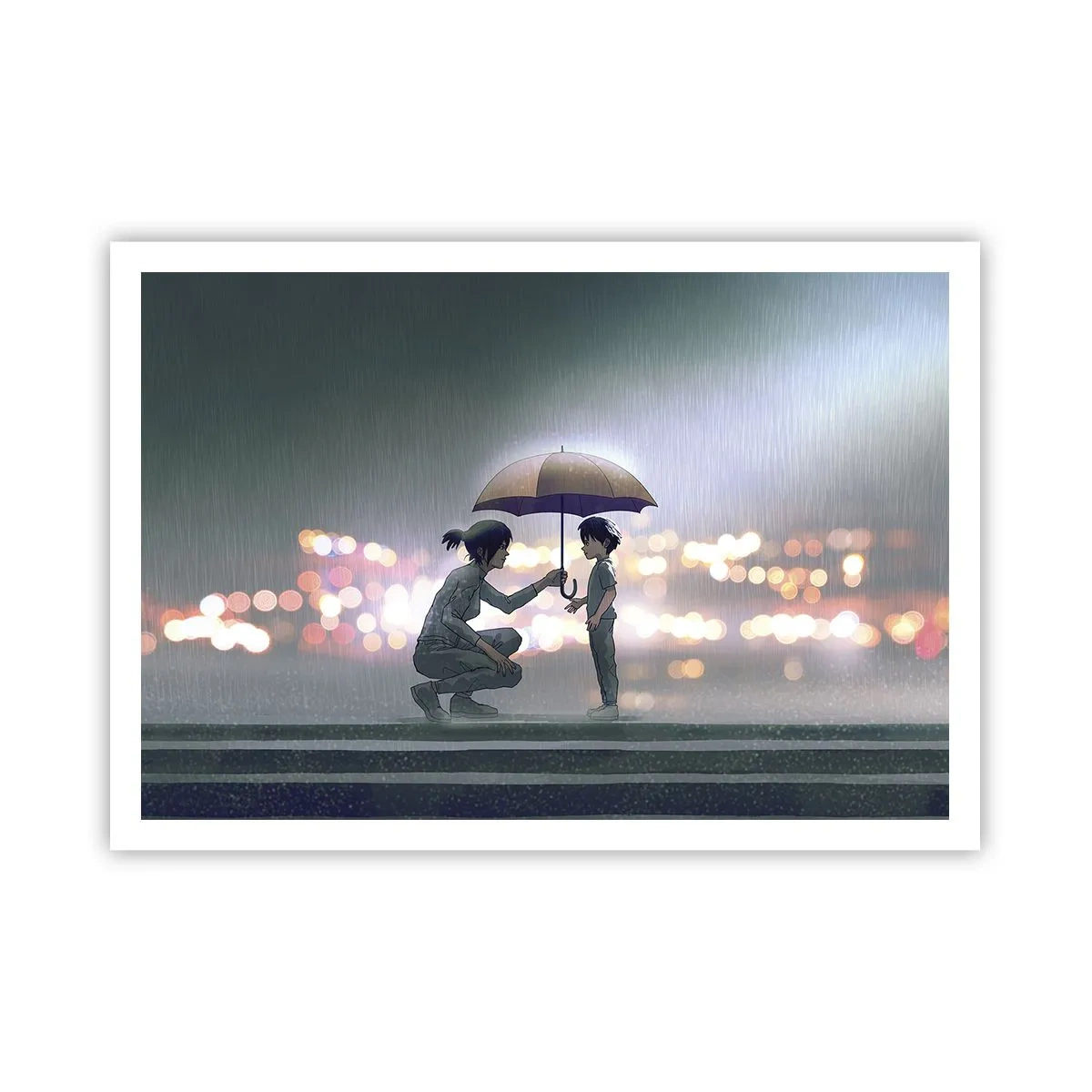 Póster - Una figura con un paraguas protegiendo a un niño contra el fondo de luces nocturnas. - 100x70cm - Y todo está bien - Decoración de pared moderna para salón y dormitorio ARTTOR