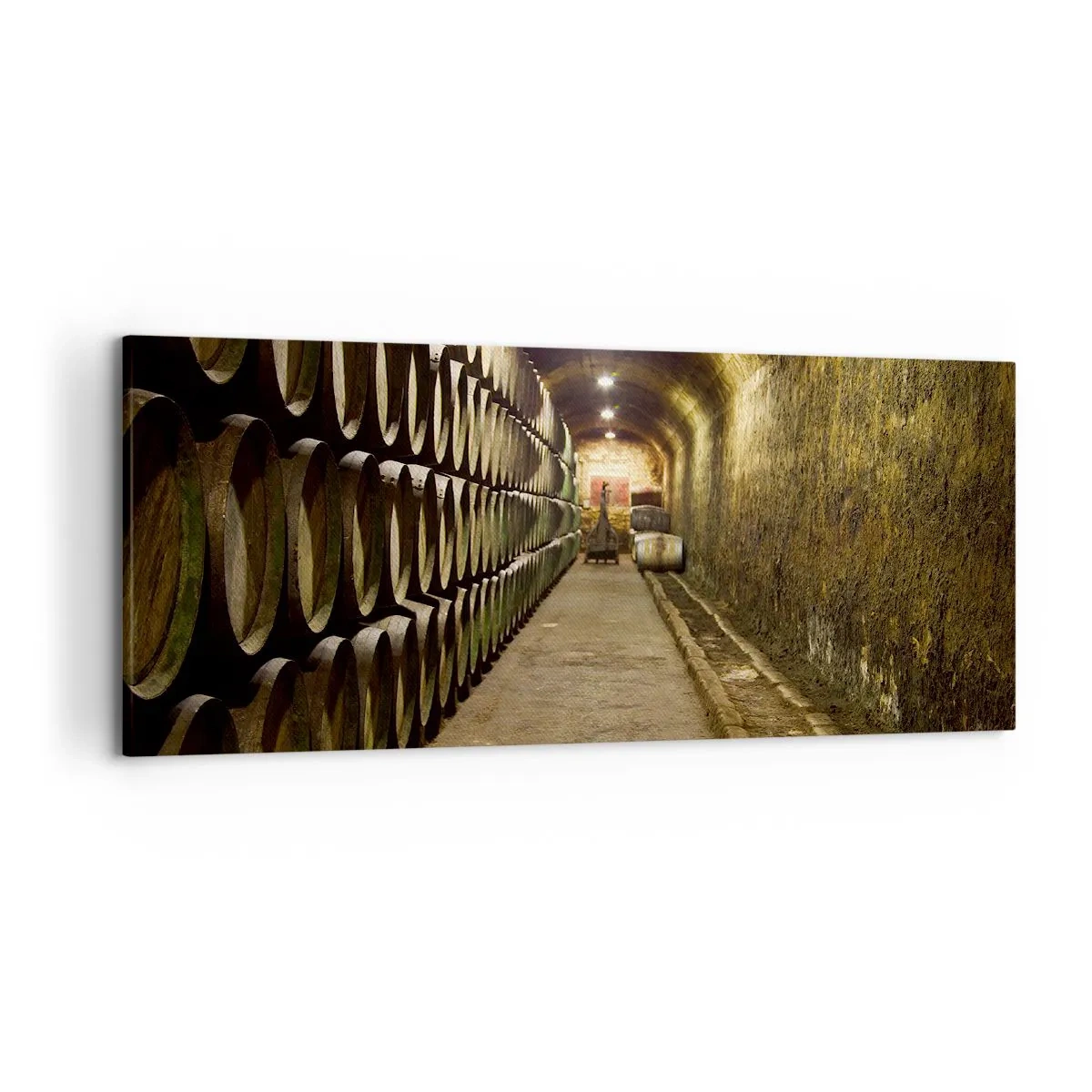 Cuadro sobre lienzo - Impresión de Imagen - Una bodega con barriles de vino de madera dispuestos en filas. - 120x50cm - El placer  - Decoración de pared moderna para salón y dormitorio ARTTOR
