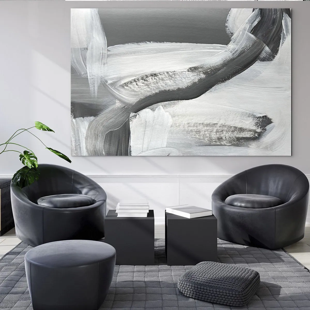 Cuadro sobre vidrio - Impresiones sobre Vidrio - Abstracción en blanco y negro con pinceladas dinámicas. - 100x70cm - Con movimientos decididos - Decoración de pared moderna para salón y dormitorio ARTTOR