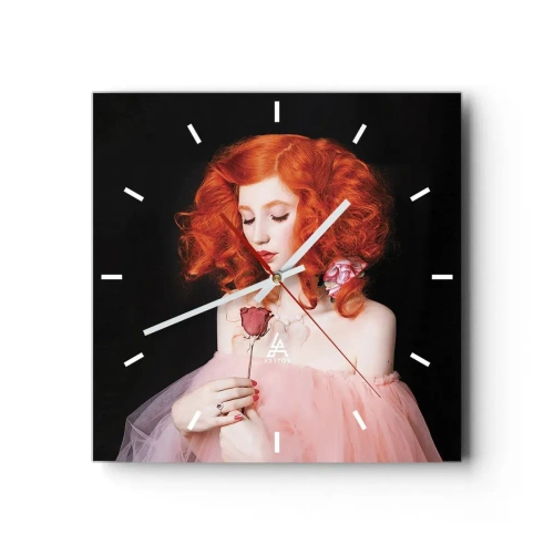 Reloj de pared - Reloj de vidrio - Una mujer con cabello rojo sosteniendo una rosa. - 30x30cm - En estilo barroco - Decoración de pared moderna para salón y dormitorio ARTTOR