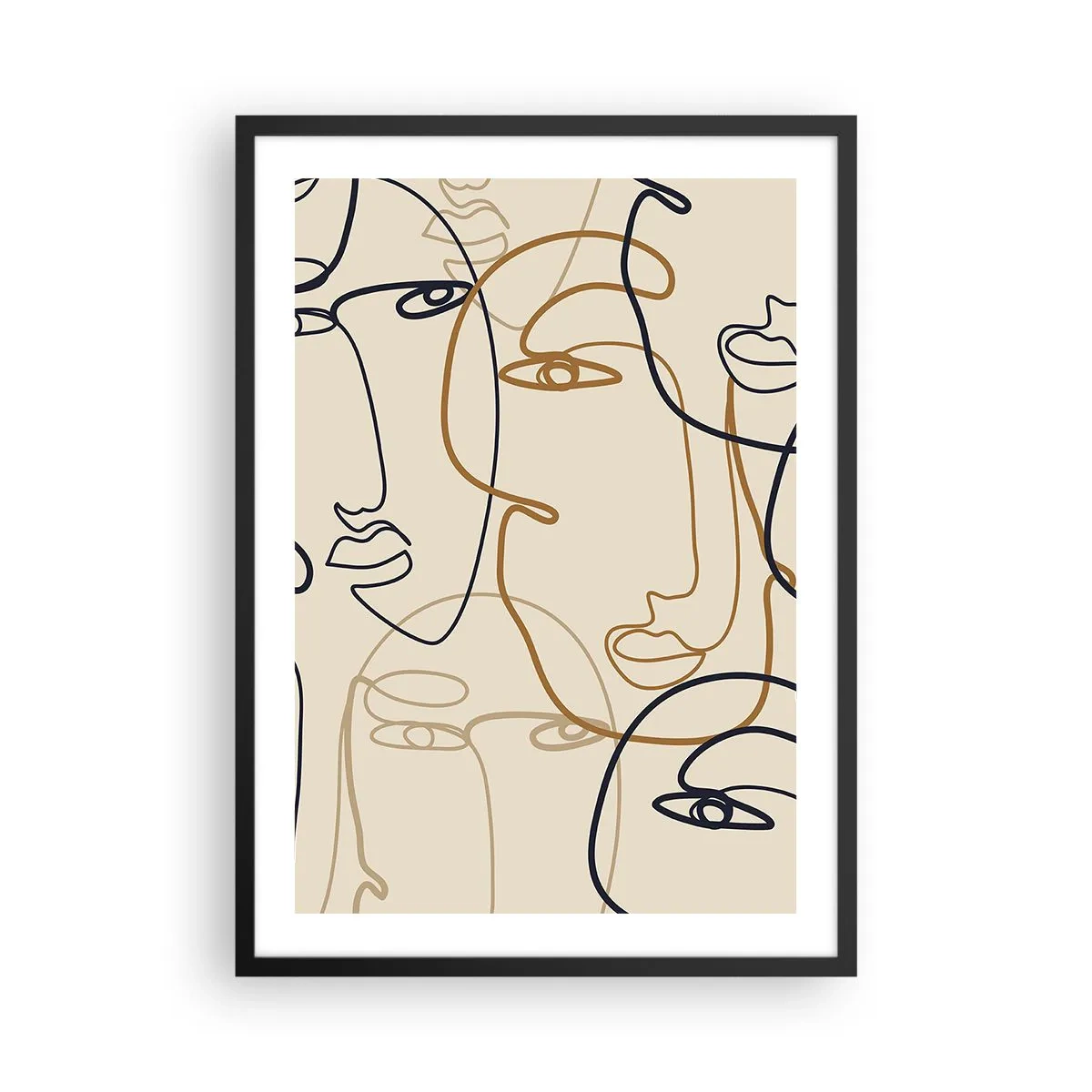 Póster en marco negro - Dibujos minimalistas de caras sobre un fondo beige. - 50x70cm - Retrato multiplicado - Decoración de pared moderna para salón y dormitorio ARTTOR