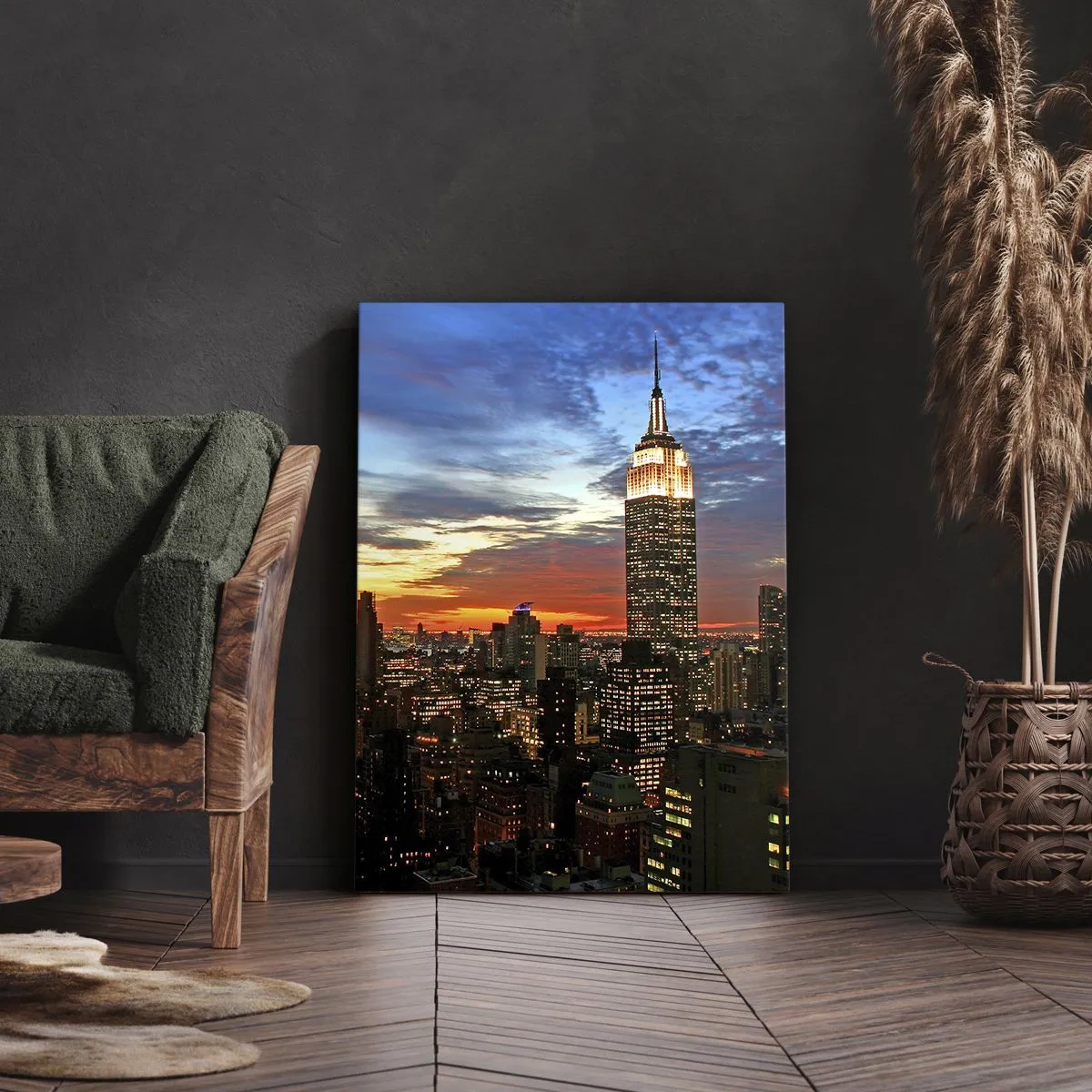 Cuadro sobre lienzo - Impresión de Imagen - Panorama de la ciudad con rascacielos iluminados al atardecer - 50x70cm - Una luminosa noche americana - Decoración de pared moderna para salón y dormitorio ARTTOR