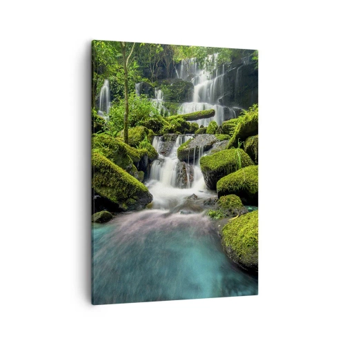 Cuadro sobre lienzo - Impresión de Imagen - Una cascada tropical rodeada de vegetación y agua turquesa. - 50x70cm - Turquesa, zafiro y plata líquida - Decoración de pared moderna para salón y dormitorio ARTTOR