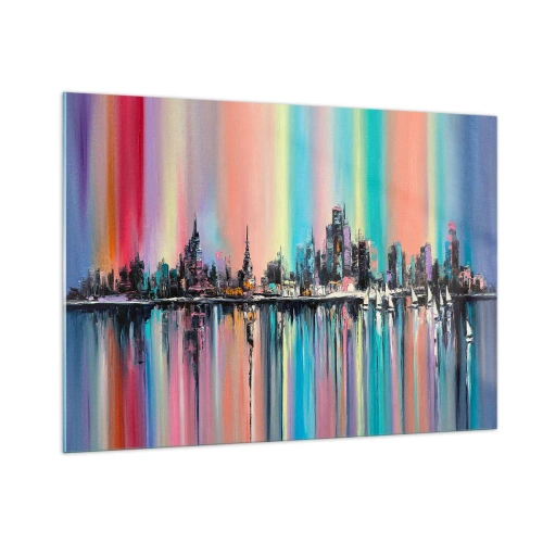 Cuadro sobre vidrio - Impresiones sobre Vidrio - Panorama abstracto de la ciudad con un fondo multicolor - 100x70cm - Flota con la luz de la noche - Decoración de pared moderna para salón y dormitorio ARTTOR