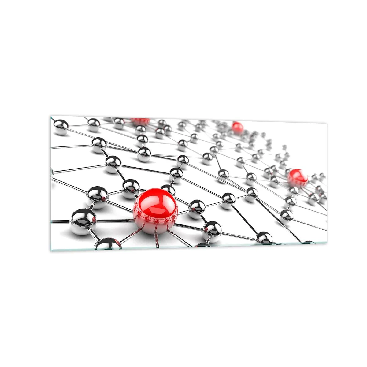 Cuadro sobre vidrio - Impresiones sobre Vidrio - Una red de bolas metálicas con acentos rojos. - 120x50cm - Una red plateada - Decoración de pared moderna para salón y dormitorio ARTTOR