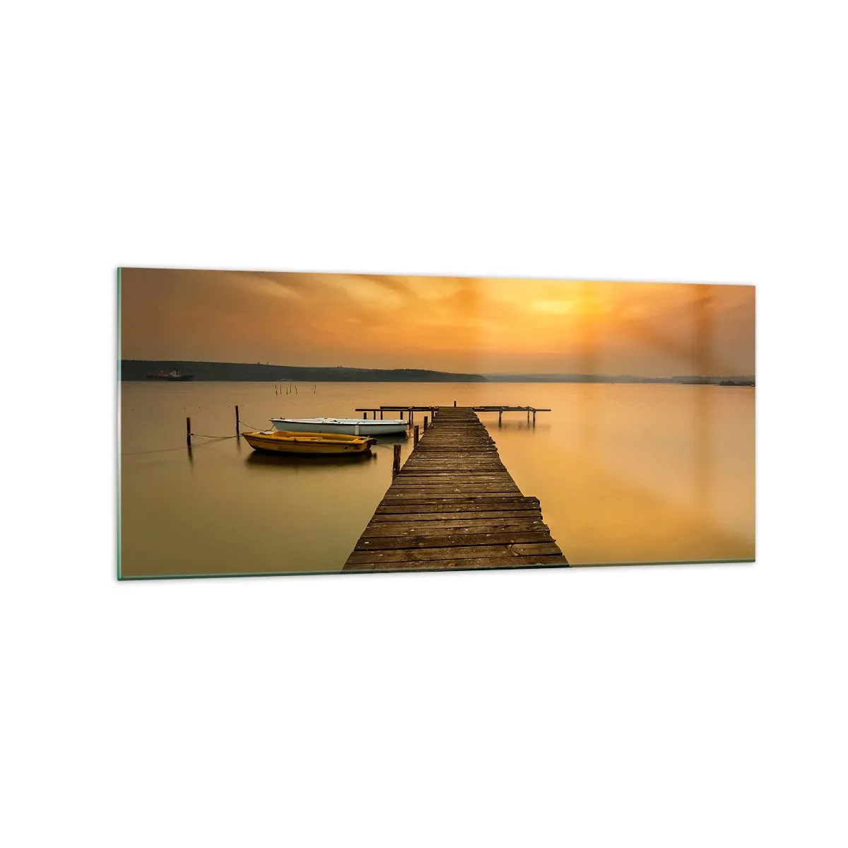 Cuadro sobre vidrio - Impresiones sobre Vidrio - Muelle de madera y barcos en el lago al atardecer - 120x50cm - Abriré el cielo dorado para ti - Decoración de pared moderna para salón y dormitorio ARTTOR