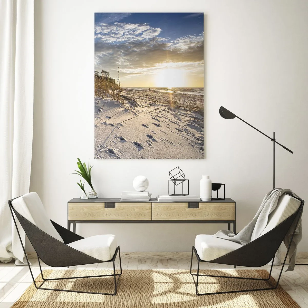 Cuadro sobre vidrio - Impresiones sobre Vidrio - Playa de arena al atardecer con hierbas junto a la duna - 50x70cm - Invitación a un paseo - Decoración de pared moderna para salón y dormitorio ARTTOR
