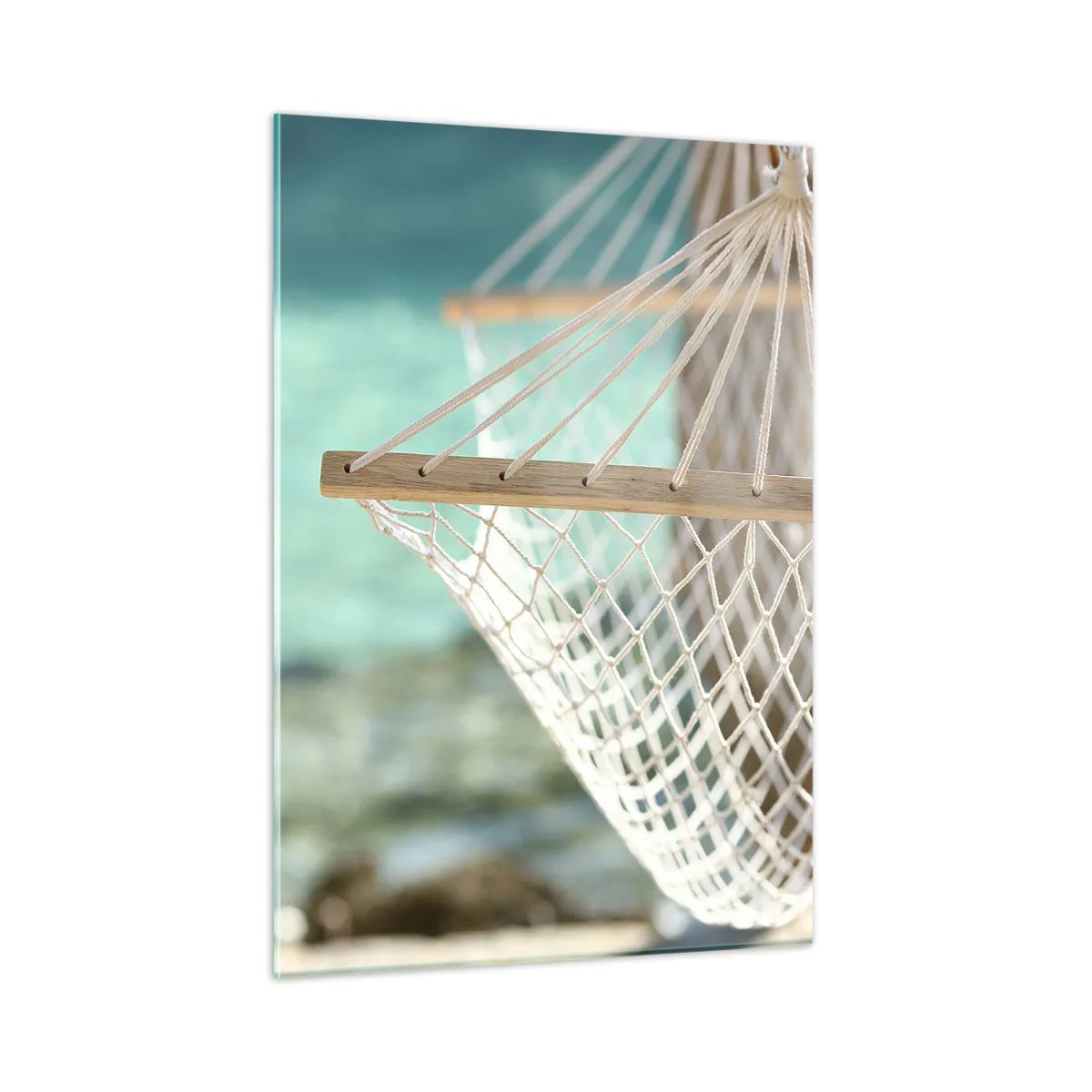 Cuadro sobre vidrio - Impresiones sobre Vidrio - Una hamaca con vistas a las cristalinas aguas turquesas. - 50x70cm - Momento de relax - Decoración de pared moderna para salón y dormitorio ARTTOR