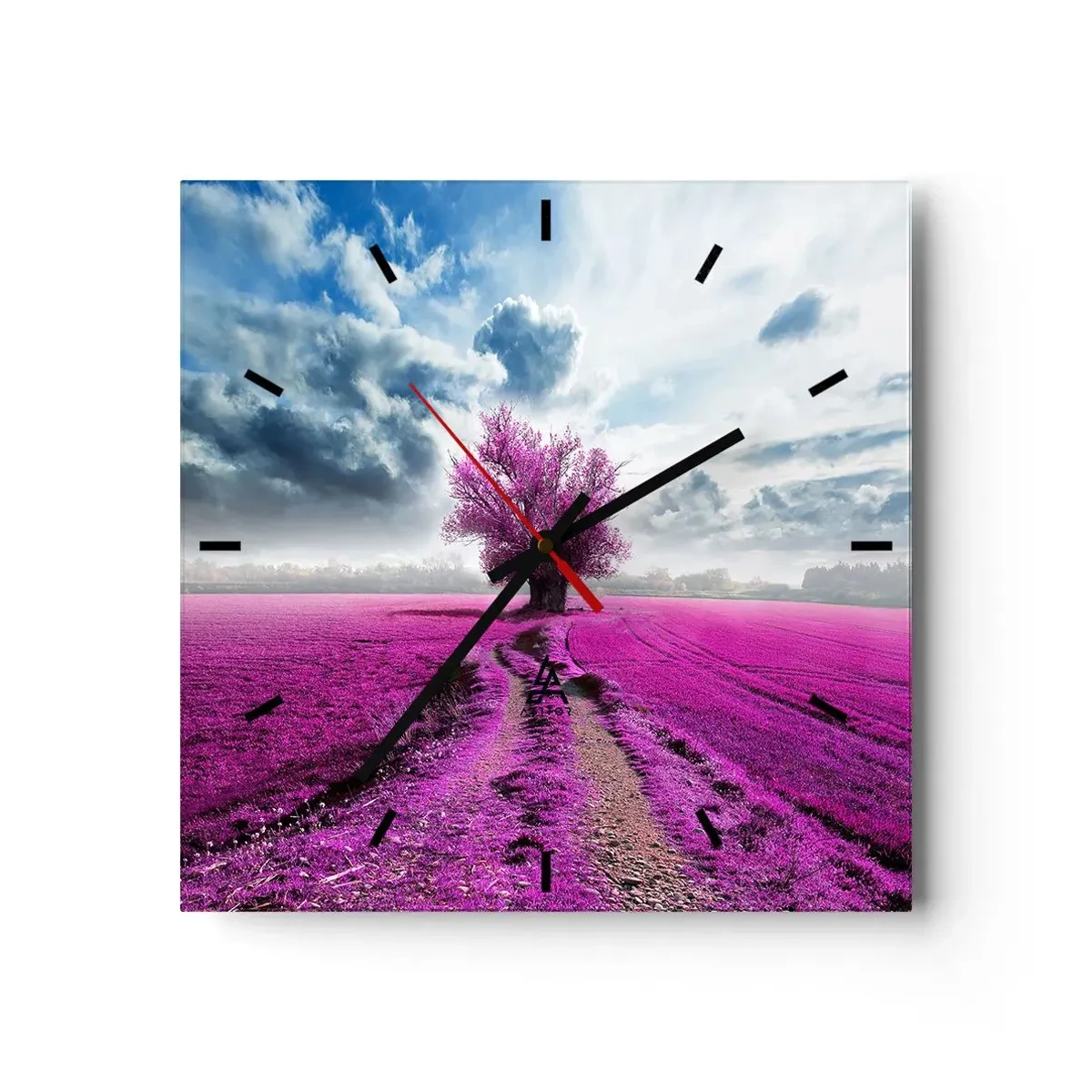 Reloj de pared - Reloj de vidrio - Un árbol solitario en un campo de un tono rosa intenso. - 30x30cm - El brezal - un encanto - Decoración de pared moderna para salón y dormitorio ARTTOR