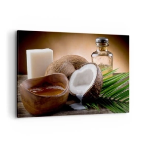 Cuadro sobre lienzo - Impresión de Imagen - Cocos, vela y aceite sobre fondo de madera. - 120x80cm - Salud de las islas tropicales - Decoración de pared moderna para salón y dormitorio ARTTOR