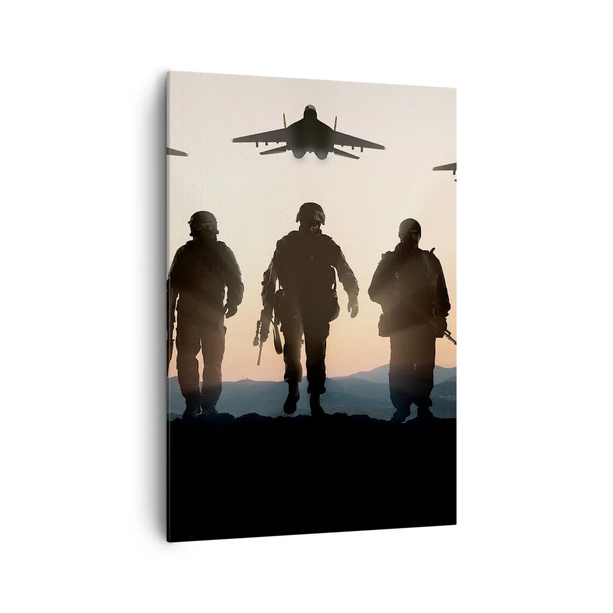Cuadro sobre lienzo - Impresión de Imagen - Siluetas de soldados y aviones de combate contra el fondo del atardecer. - 70x100cm - Bienvenido a nuestro mundo - Decoración de pared moderna para salón y dormitorio ARTTOR