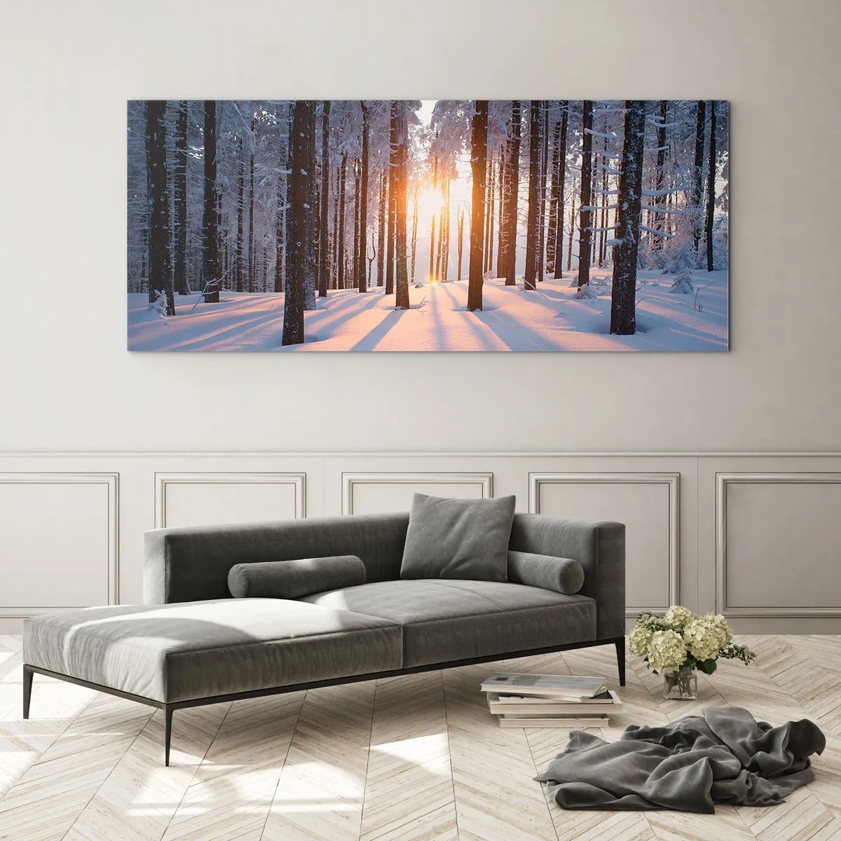Cuadro sobre vidrio - Impresiones sobre Vidrio - Bosque invernal iluminado por los rayos del sol. - 160x50cm - Claramente en blanco y negro - Decoración de pared moderna para salón y dormitorio ARTTOR