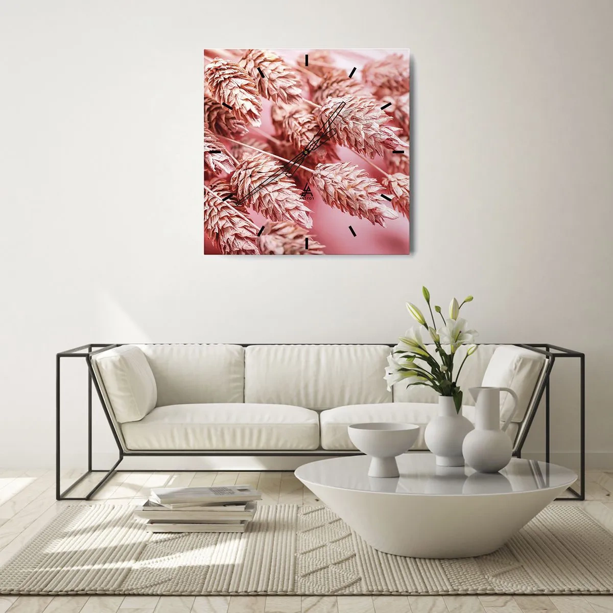 Reloj de pared - Reloj de vidrio - Estructura floral en rosa - 40x40 cm