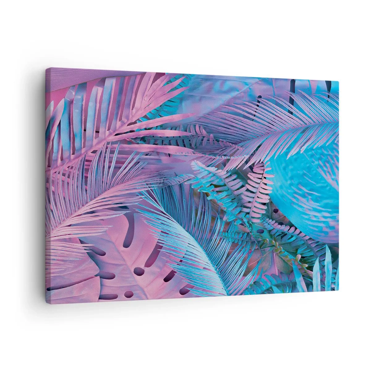 Cuadro sobre lienzo - Impresión de Imagen - Hojas tropicales en tonos rosa y azul. - 70x50cm - Trópicos en rosa y azul - Decoración de pared moderna para salón y dormitorio ARTTOR