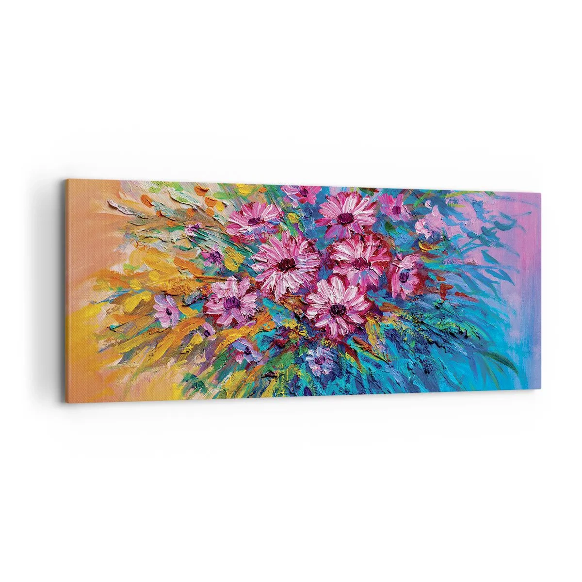 Cuadro sobre lienzo - Impresión de Imagen - Flores de colores en un ramo sobre un fondo de color pastel. - 120x50cm - La energía de la vida - Decoración de pared moderna para salón y dormitorio ARTTOR