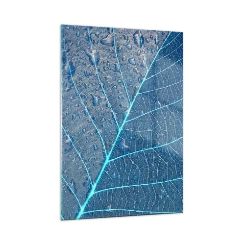 Cuadro sobre vidrio - Impresiones sobre Vidrio - Fotografía macro de una hoja con gotas de agua en tonos azules. - 50x70cm - Vida en el azul - Decoración de pared moderna para salón y dormitorio ARTTOR