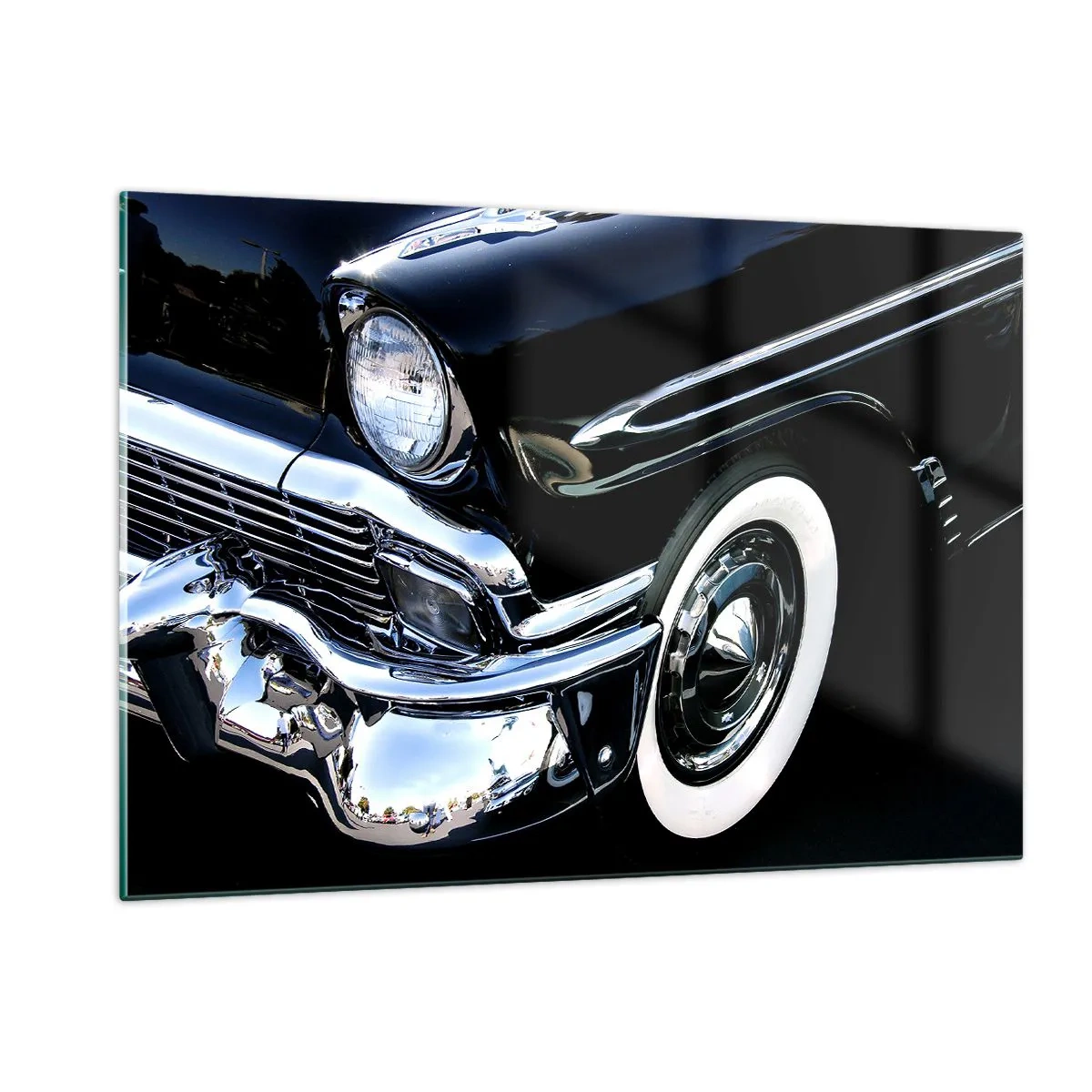 Cuadro sobre vidrio - Impresiones sobre Vidrio - Primer plano de un coche negro antiguo con detalles cromados. - 120x80cm - Clásicos en plata, negro y blanco - Decoración de pared moderna para salón y dormitorio ARTTOR